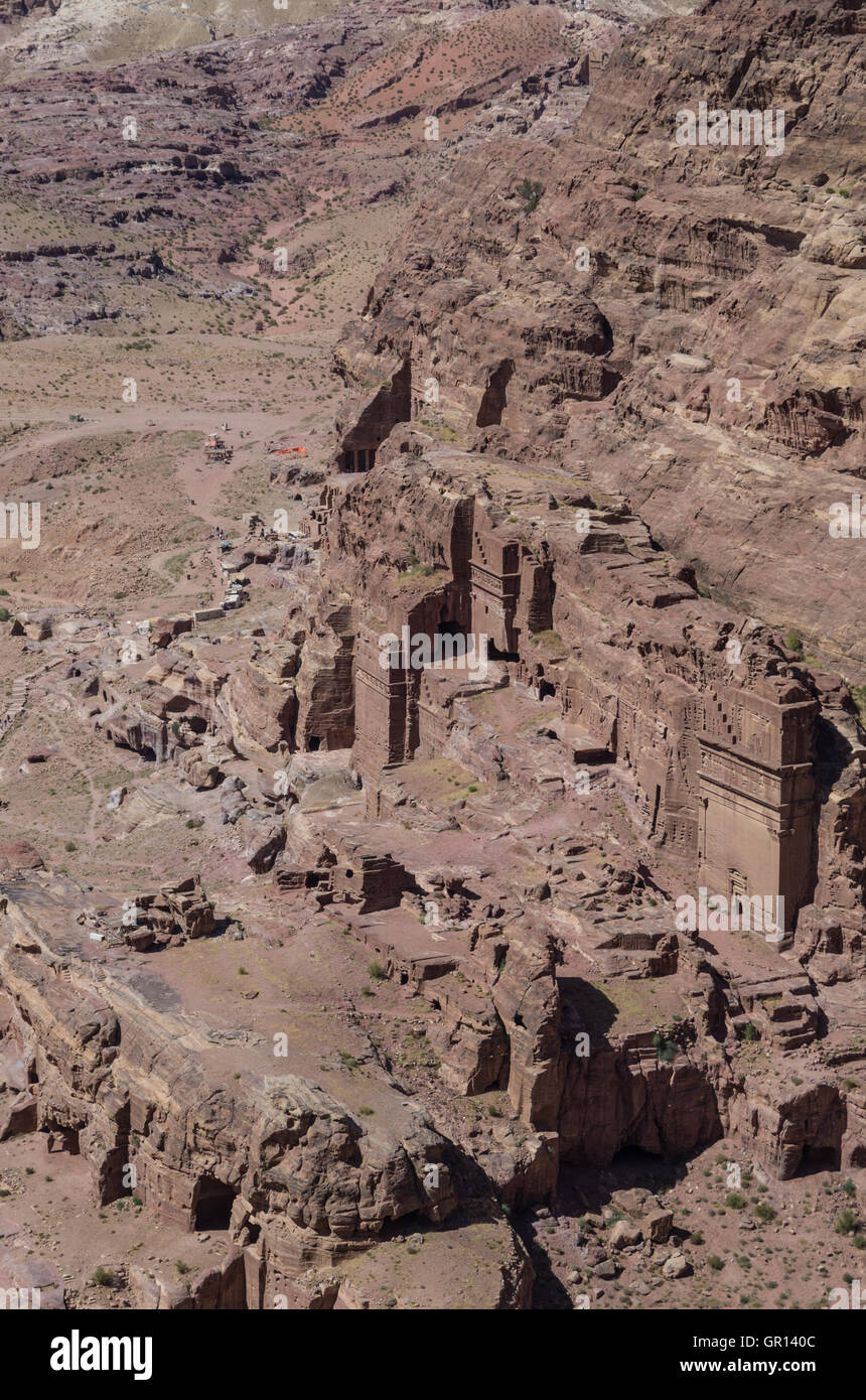 Birds eye view of Royal Tomb from High Place of Sacrifice (Al-Madbah) viewpoint, Petra, Jordan. Stock Photo