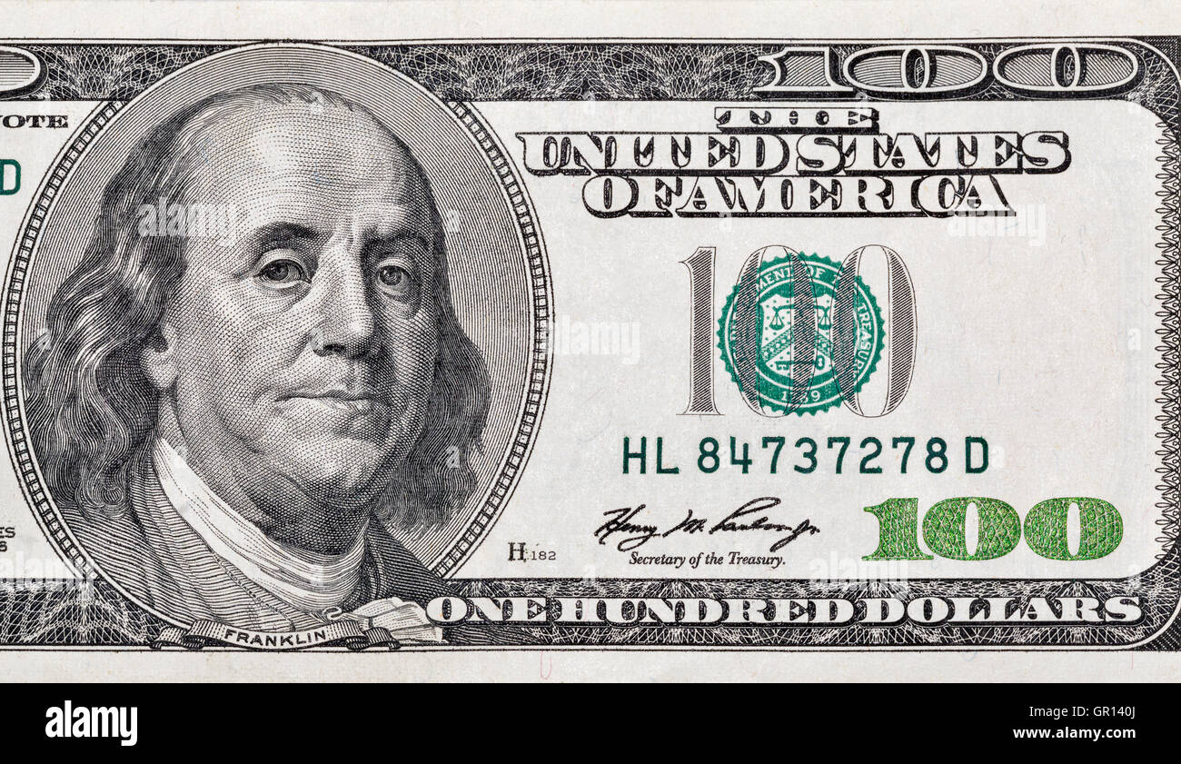 US President Benjamin Franklin portrait on one hundred dollar bill macro Stock Photo