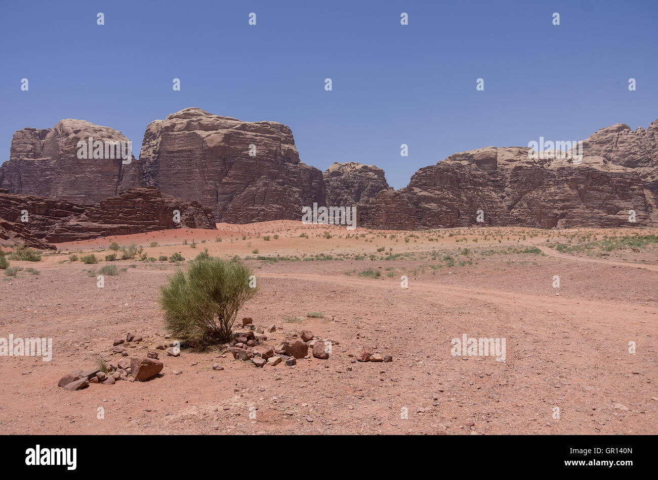 Nature, desert and rocks of Wadi Rum (Valley of the Moon), Jordan. UNESCO World Heritage. Panorama Stock Photo
