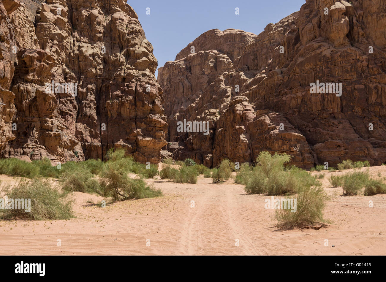 Enter to Barrah Canyon. Wadi Rum (Valley of the Moon), Jordan. UNESCO World Heritage. Stock Photo