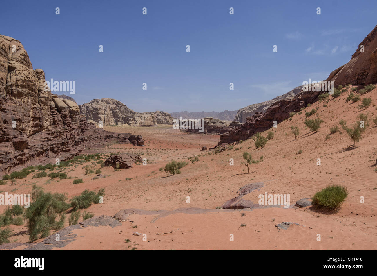 Nature, desert and rocks of Wadi Rum (Valley of the Moon), Jordan. UNESCO World Heritage. Panorama Stock Photo