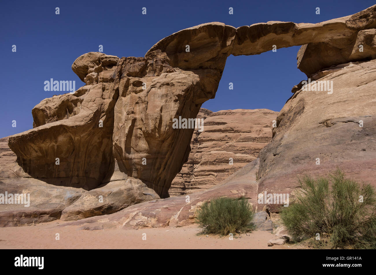Scenic view of Um Fruth rock bridge in Wadi Rum desert, Jordan. Stock Photo