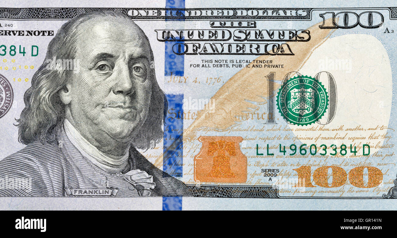 US President Benjamin Franklin portrait on one hundred dollar bill macro Stock Photo