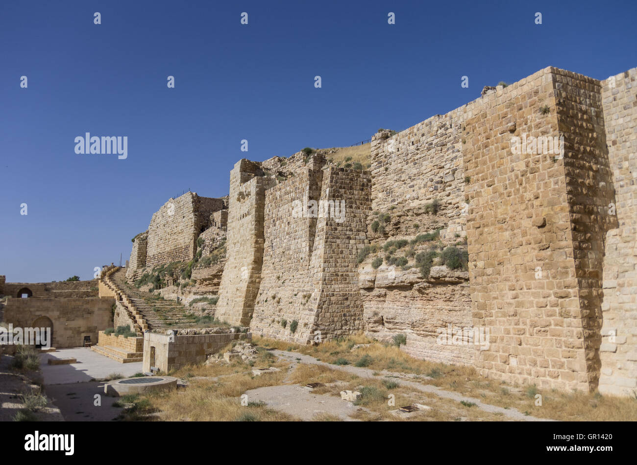 Walls of the Kerak Castle, a large crusader castle in Kerak (Al Karak) in Jordan Stock Photo