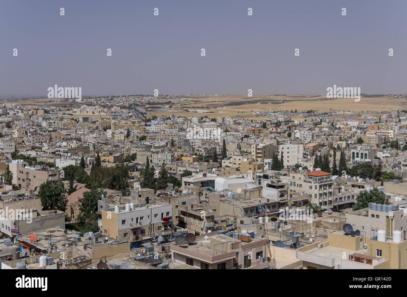 Madaba, Jordan - June 3, 2016: Panoramic view over the town center of Madaba Stock Photo