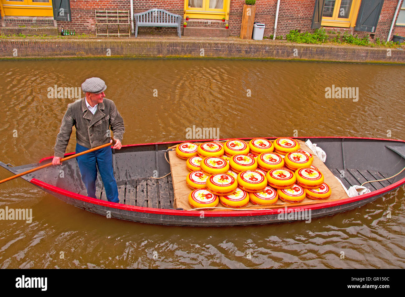 A local citizen transports rounds of cheese down a canal during the Alkmaar Cheese Market, Holland Stock Photo