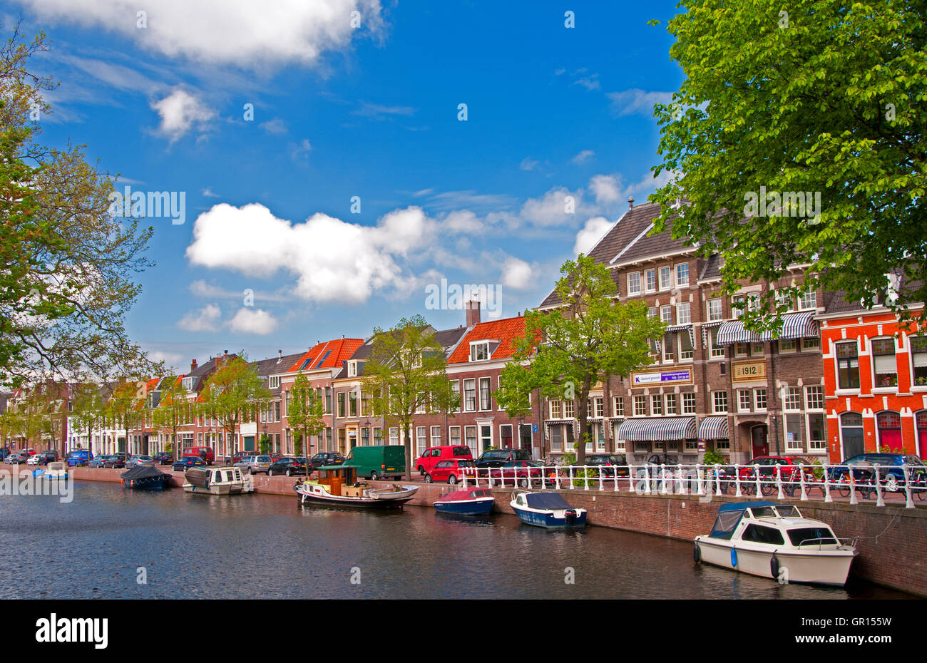 Street scene along a canal in Haarlem, Holland, the Netherlands Stock Photo