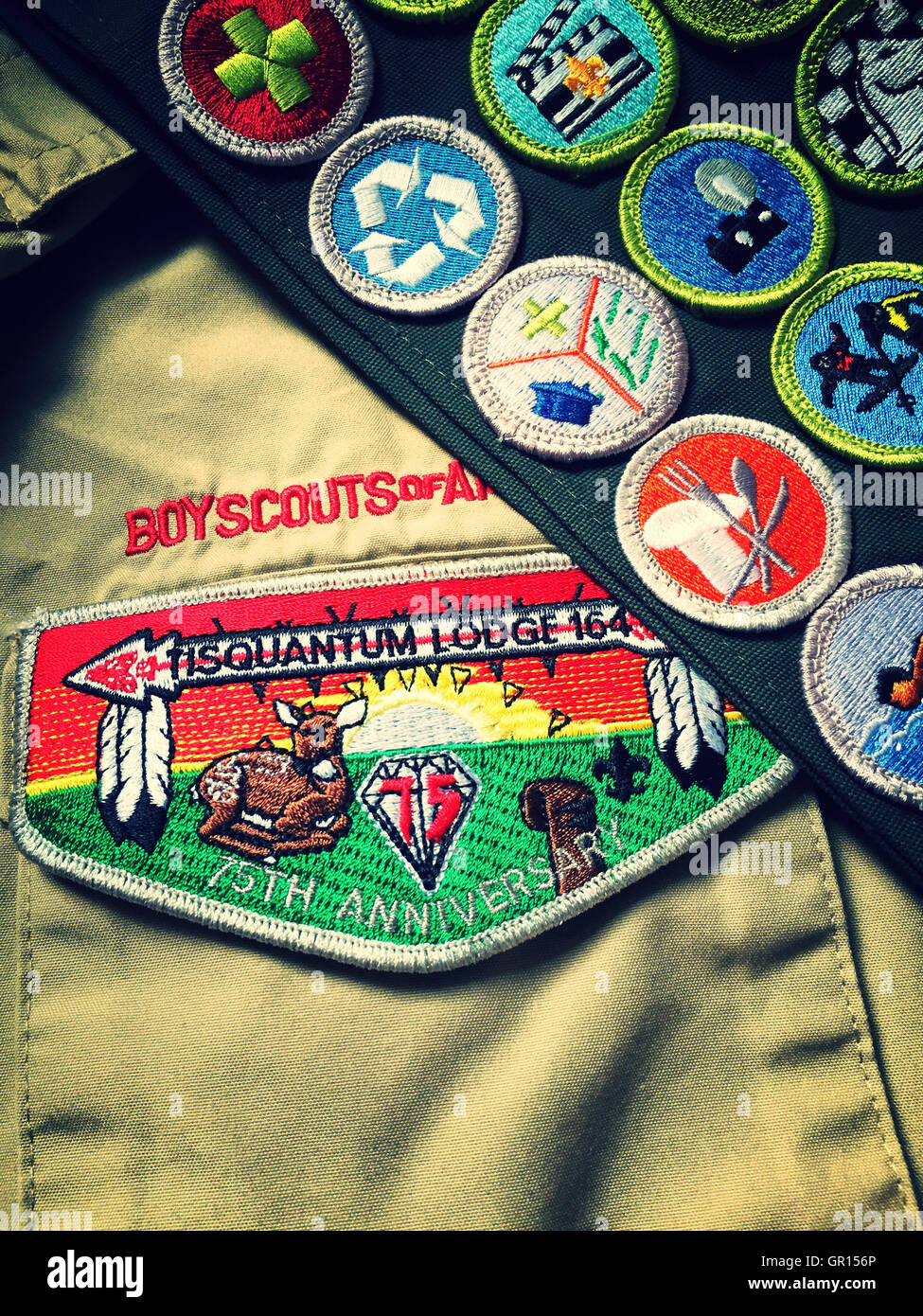 Merit Badge Sash, Boy Scouts of America, USA Stock Photo