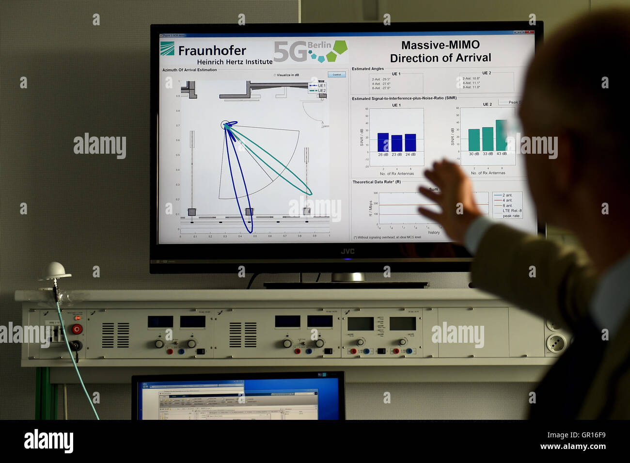 Thomas Haustein, a researcher at the Fraunhofer Heinrich-Hertz-Institut, points to a monitor showing the '5G-Radio-Massive MIMO' antenna technology, with regard to research on the 5G mobile communication standard, at the Fraunhofer Heinrich-Hertz-Institut in Berlin, Germany, 5 September 2016. Berlin is to be the location for the development of the 5G network.   PHOTO: BRITTA PEDERSEN/DPA Stock Photo