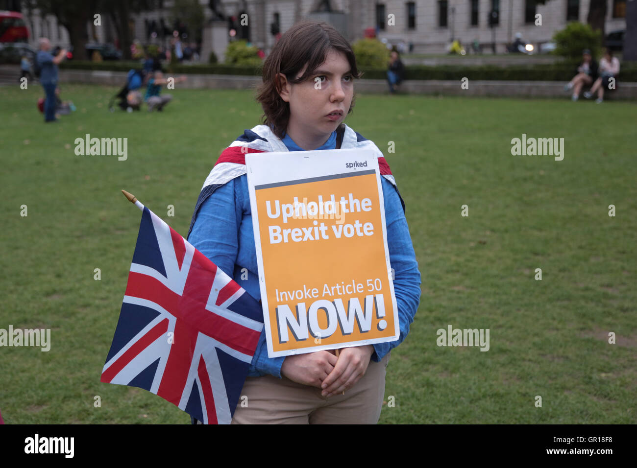 London, UK. 5th September, 2016. A pro Brexit supporter in parliment  square as MP,s Debate on a petition calling for a second EU referendum. Credit:  Thabo Jaiyesimi/Alamy Live News Stock Photo