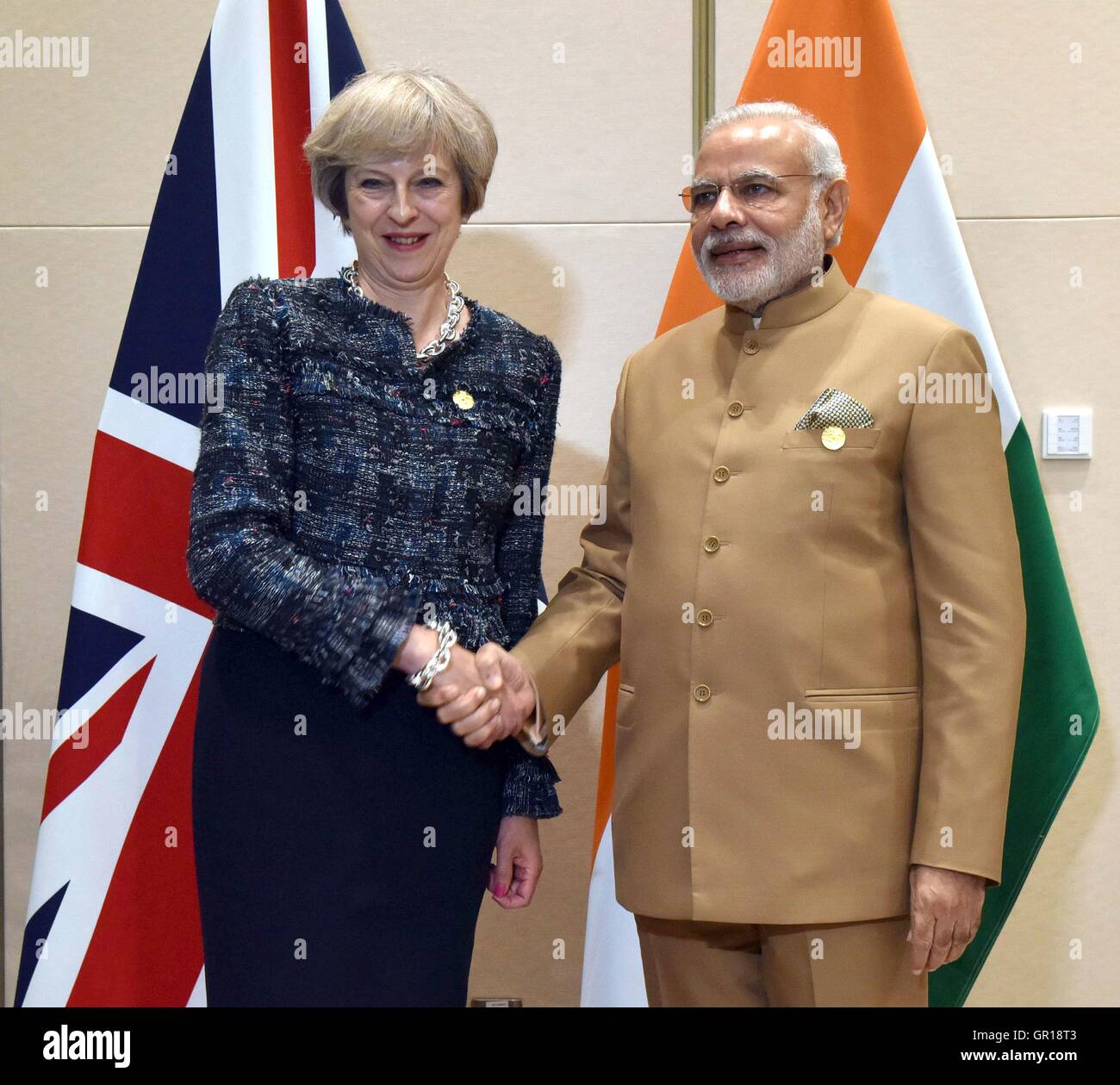 Hangzhou, China. 5th September, 2016. Indian Prime Minister Narendra Modi greets British Prime Minister Theresa May before the start of their bilateral meeting on the sidelines of the G20 Summit  September 5, 2016 in Hangzhou, China. Credit:  Planetpix/Alamy Live News Stock Photo