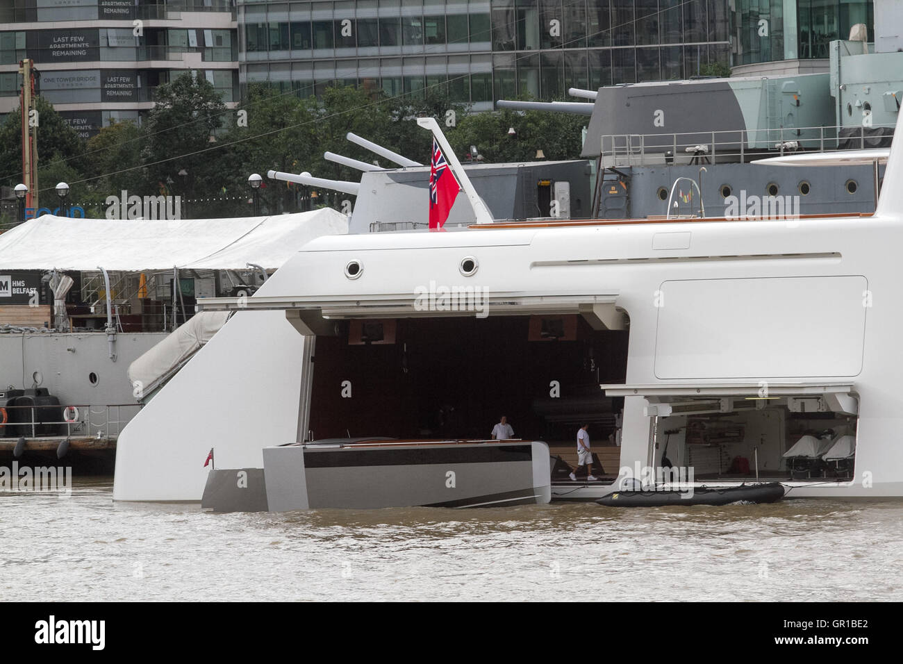 London UK. 6th September 2016. The hatch of A 300 million dollar superyacht by  Russian billionaire Andrey Melnichenko sailed up the River Thames  to moor alongside HMS Belfast. The 119 metre superyacht was designed by Phillip Starck and built at the Blohm and Voos Shipyards in 2008 Credit:  amer ghazzal/Alamy Live News Stock Photo