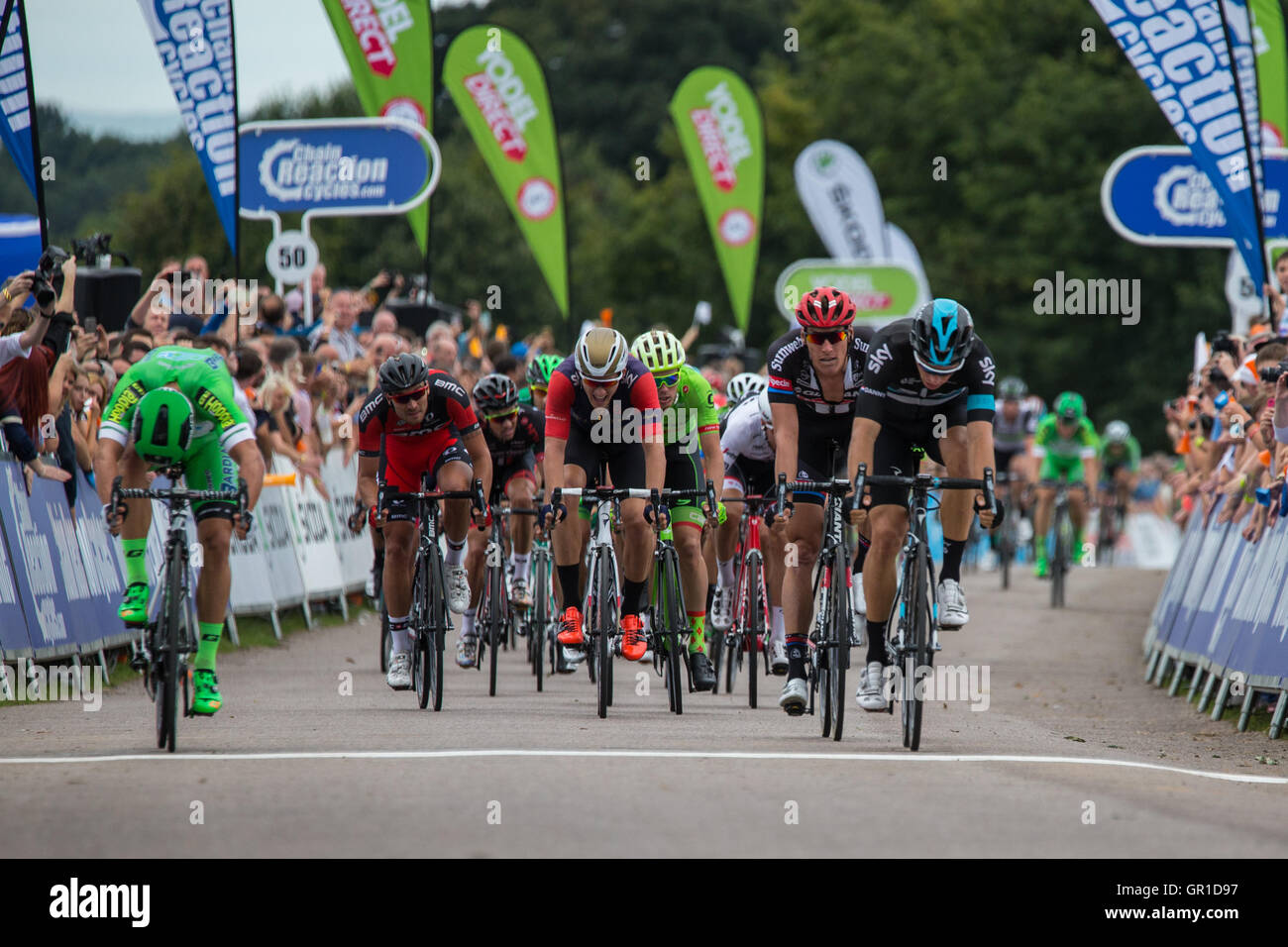 Cheshire, UK. 6th September, 2016. The main peloton crosses the line in Stage 3 of the 2016 Tour of Britain, Tatton Park, Cheshire Credit:  Michael Buddle/Alamy Live News Stock Photo