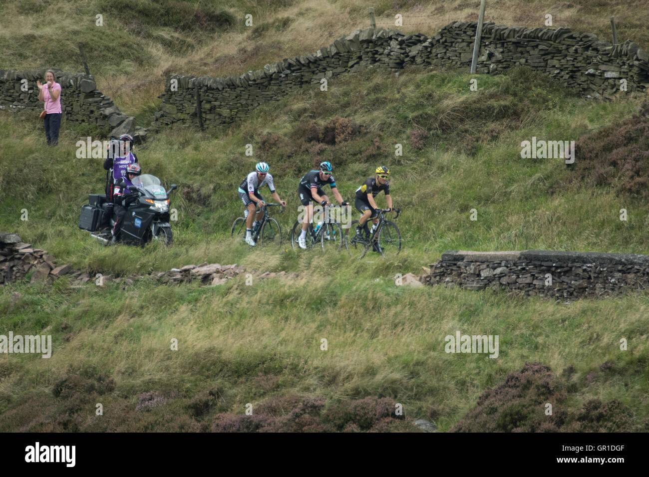 Cheshire, UK. 6th September, 2016. Breakaway group of Graham Briggs, Kristian House and the eventual winner Ian Stannard, during the climb to the Cat and Fiddle. Credit:  Pat Bennett/Alamy Live News Stock Photo
