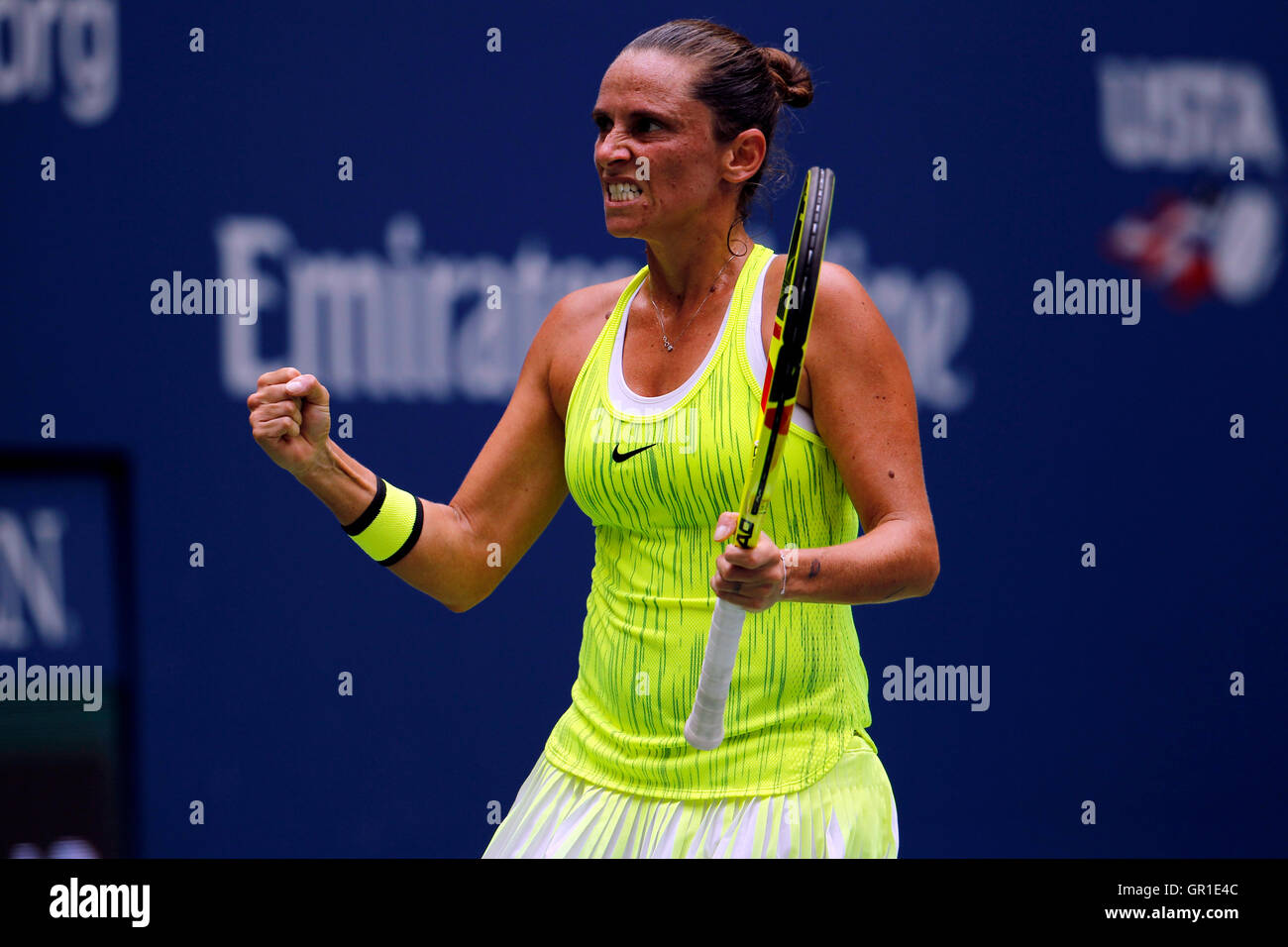 New York, USA. 6th September, 2016. Number 7 seed, Roberta Vinci of Italy reacts to a point during her quarter final match against Number 2 seed, Angelique Kerber of Germany at the United States Open Tennis Championships at Flushing Meadows, New York on Tuesday, September 6th.   Kerber won the match 7-5, 6-0 Credit:  Adam Stoltman/Alamy Live News Stock Photo