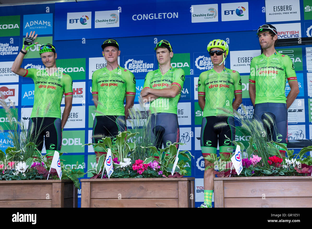Congleton Cheshire, UK. 06th Sep, 2016. Tour of Britain, Stage 3, Congleton to Knutsford. Cannondale Drapac Pro Cycling riders at the start. Credit:  Action Plus Sports/Alamy Live News Stock Photo
