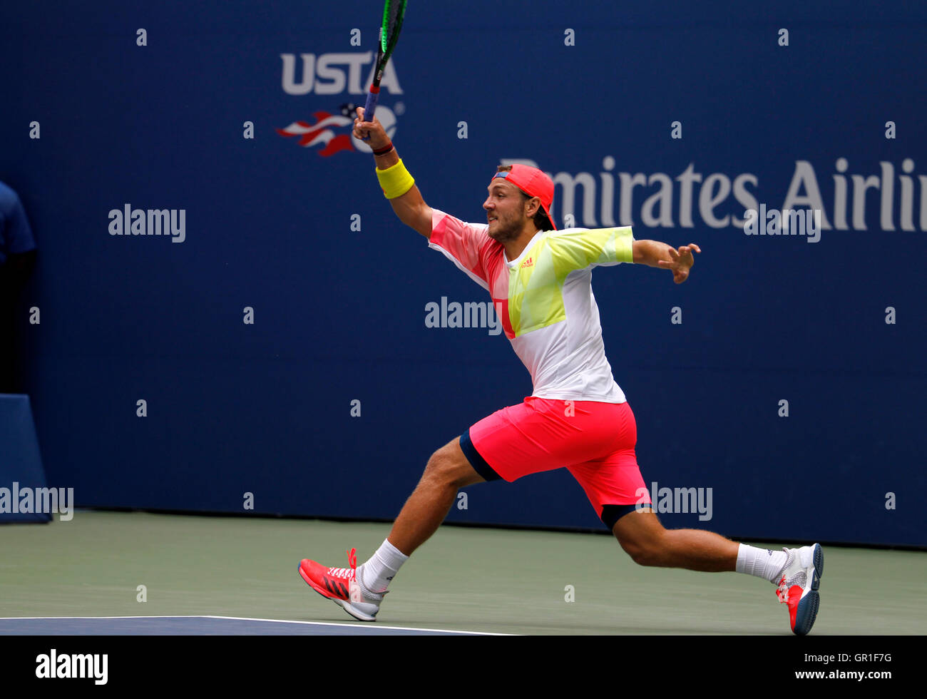 New York, USA. 6th September, 2016. Lucas Pouille of France during his quarterfinal match against countryman Gael Monfils  at the United States Open Tennis Championships at Flushing Meadows, New York on Tuesday, September 6th.  Monfils won the match in straight sets Credit:  Adam Stoltman/Alamy Live News Stock Photo