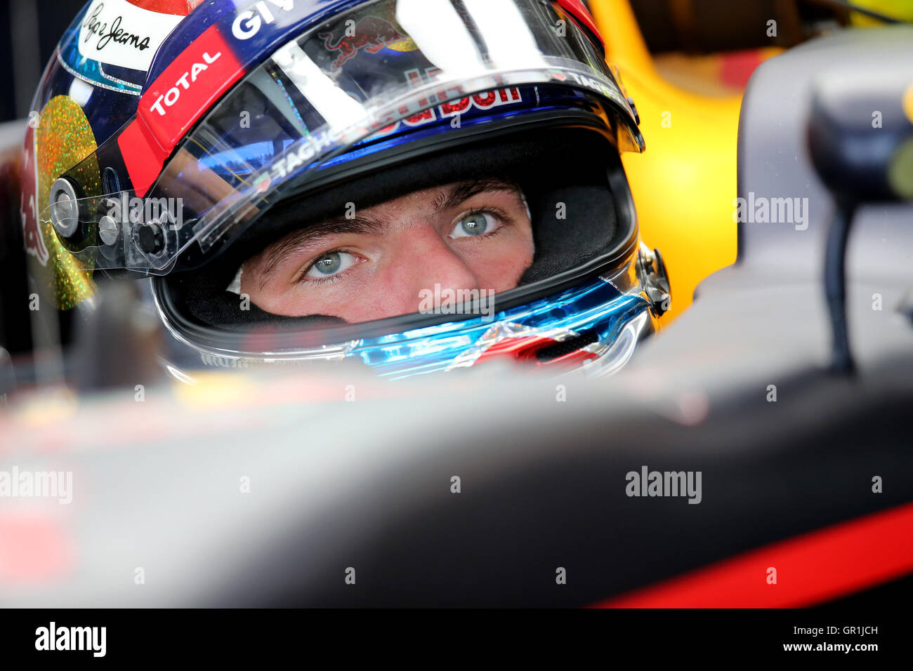 Hockenheim, Germany. 29th July, 2016. Dutch Formula 1 race driver Max Verstappen of Red Bull Racing sitting in his race car during the first free practice at Hockenheimring in Hockenheim, Germany, 29 July 2016. The Grand Prix took place on 31 July 2016. PHOTO: JAN WOITAS/dpa/Alamy Live News Stock Photo