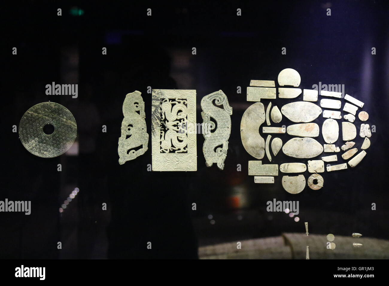 Xuzhou, Xuzhou, China. 7th Sep, 2016. Xuzhou, CHINA-?August 24 2016:?(EDITORIAL?USE?ONLY.?CHINA?OUT) .A Set of Burial Jade.The use degree of burial jade of Han dynasty reached its ultimate. Small nobility also used sizable burial jade except jade and jade burial suit which were used by the kings. The burial jade unearthed from the No.11 tomb at Tiechashan hill consists of jade Bi disc, jade headrest, jade face cover, jade nose plug, jade hands grips and any other 11 pieces. © SIPA Asia/ZUMA Wire/Alamy Live News Stock Photo