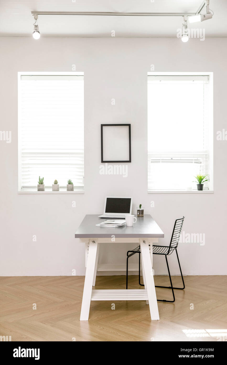 Interior with windows, table and chair Stock Photo Alamy