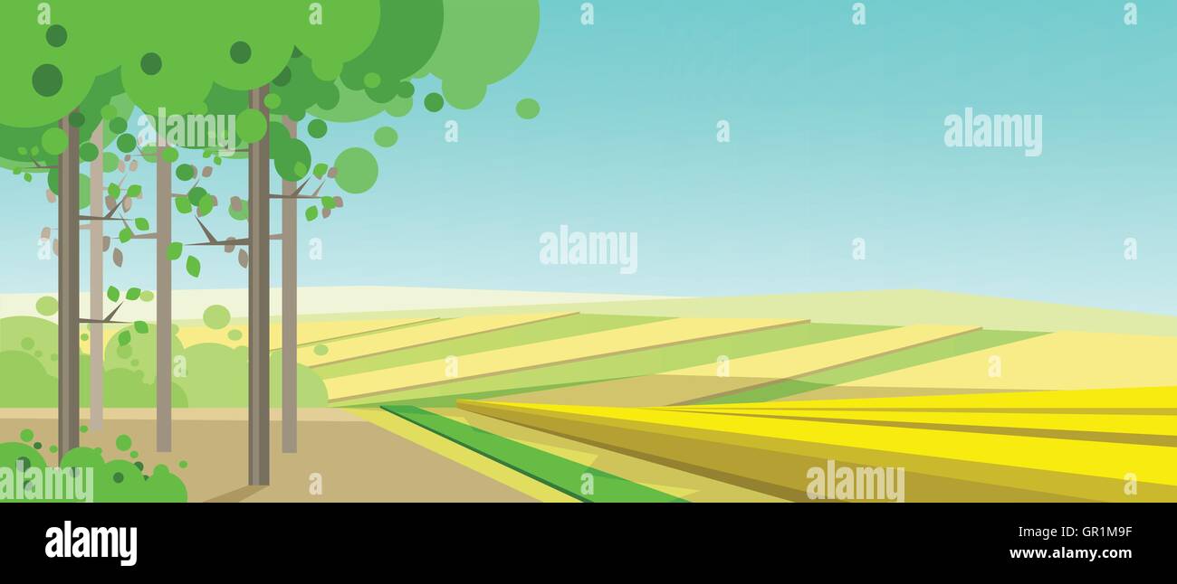 Vector abstract green landscape with yellow fields and a forest, flat ...