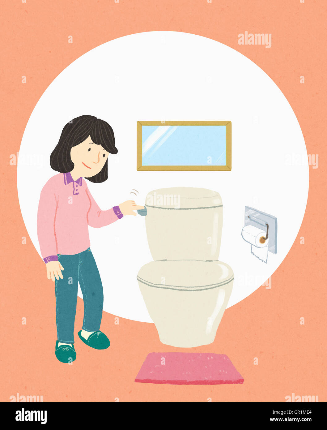 Smiling woman flushing the toilet Stock Photo