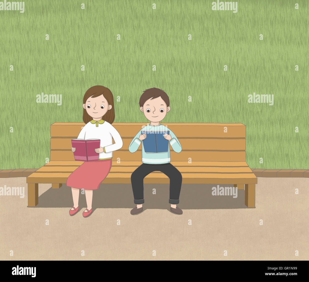 Boy and girl reading books sitting on a bench Stock Photo - Alamy