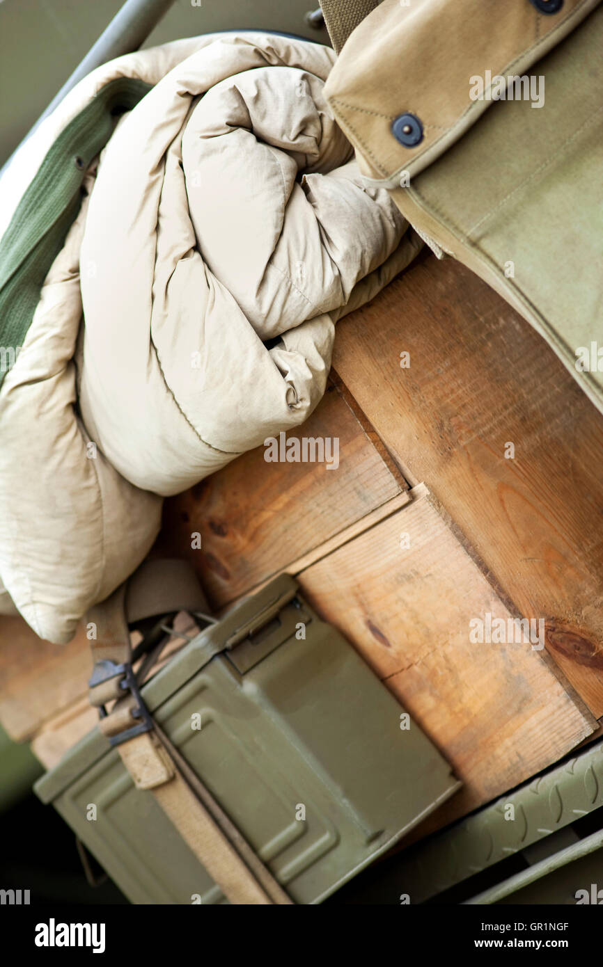 Baggage and military equipment on an army vehicle Stock Photo Alamy