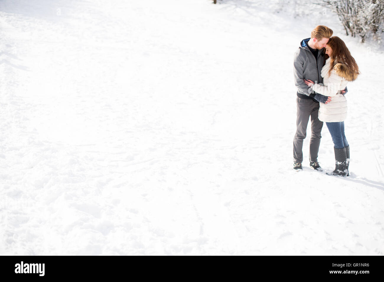 Loving young couple at snow in the winter forest Stock Photo