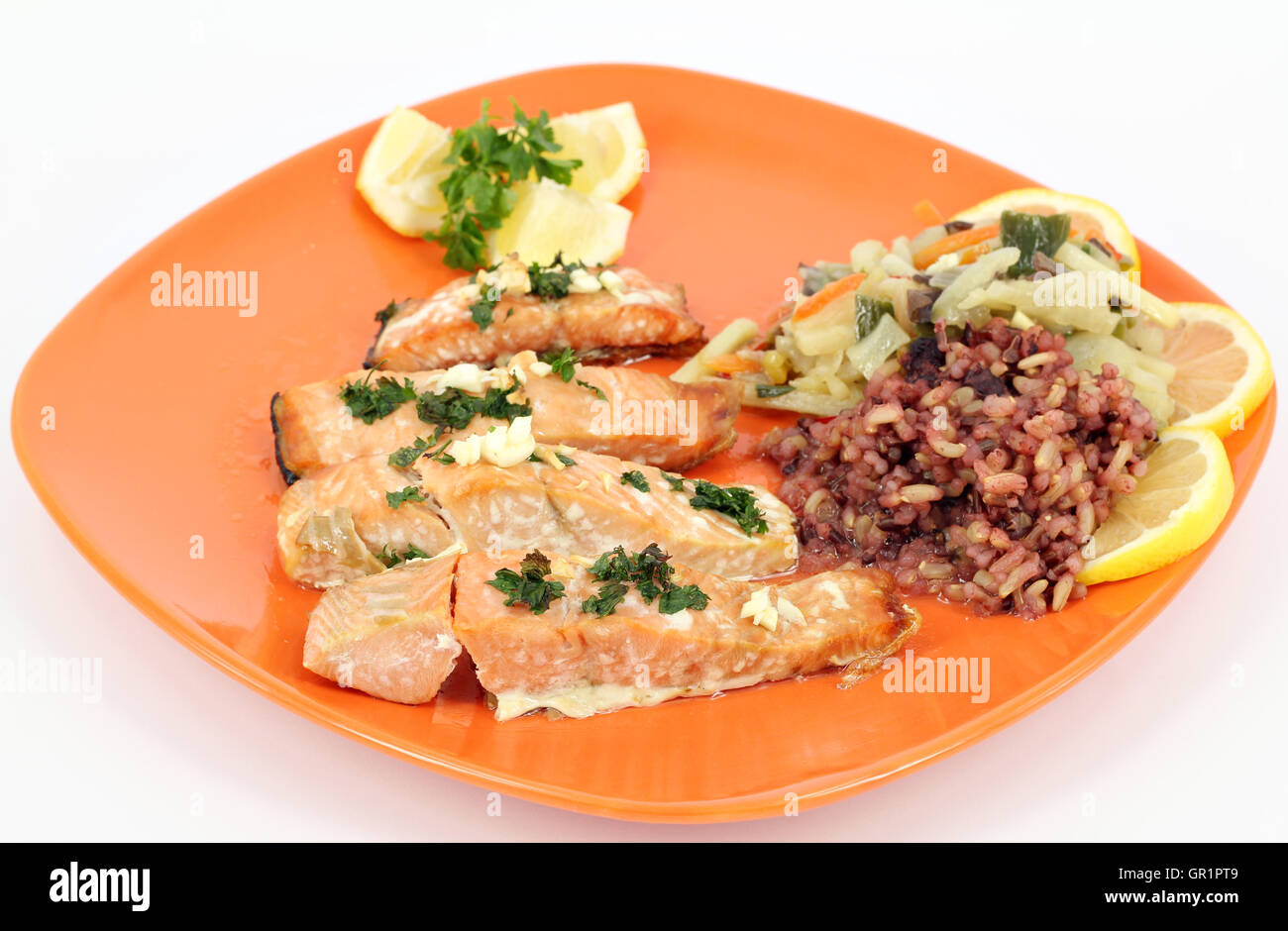 salmon with salad healthy eating Stock Photo