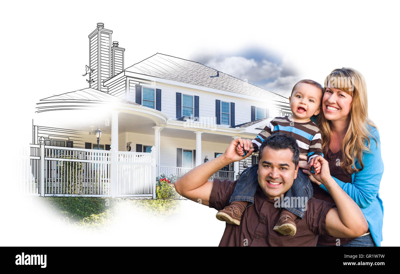 Happy Mixed Race Family Over House Drawing and Photo Combination on White. Stock Photo