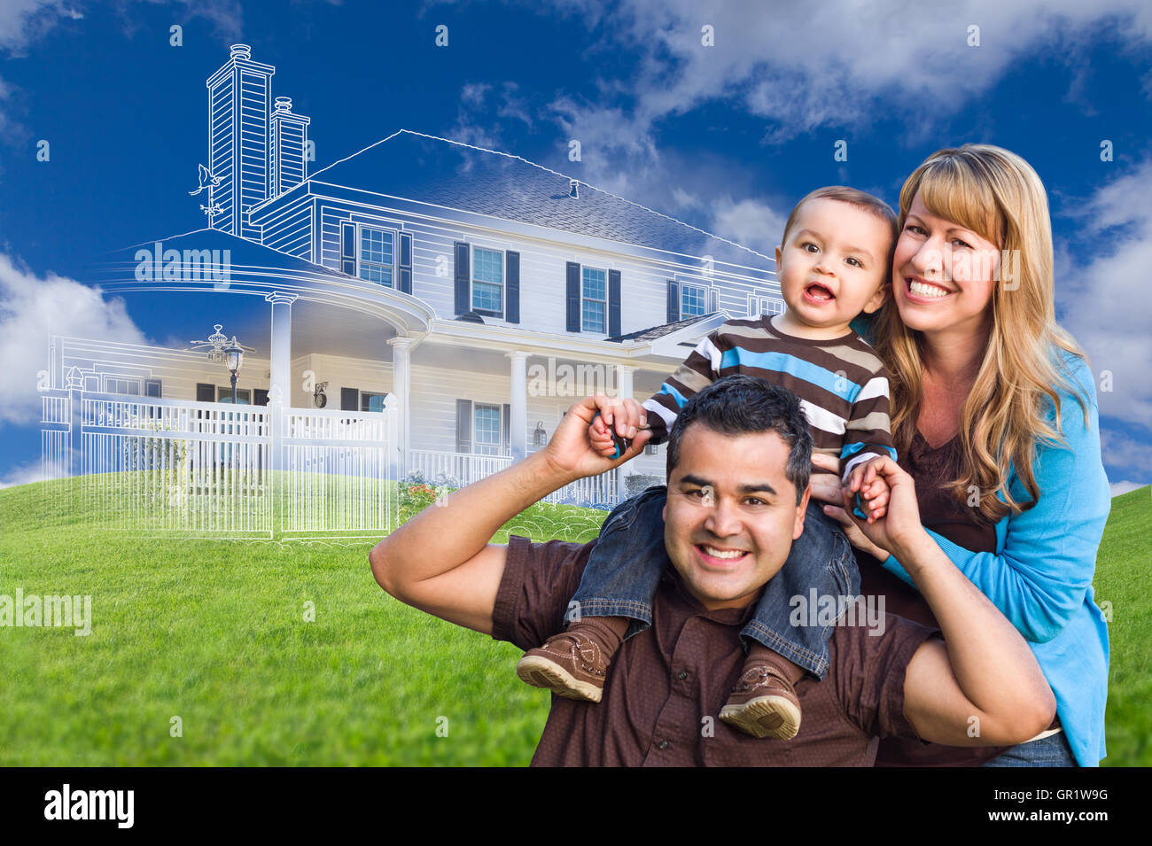 Mixed Race Family with Ghosted House Drawing, Partial Photo and Rolling Green Hills Behind. Stock Photo
