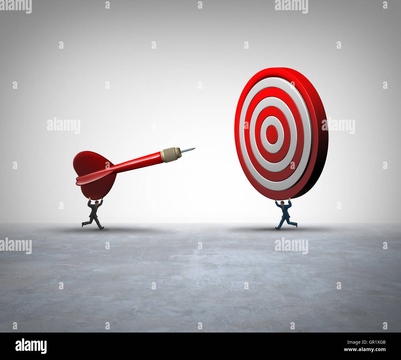 Collaborative business success concept as two businesspeople holding a dart and target coming together for a successful partnership solution for reaching a mutual goal with 3D illustration elements. Stock Photo
