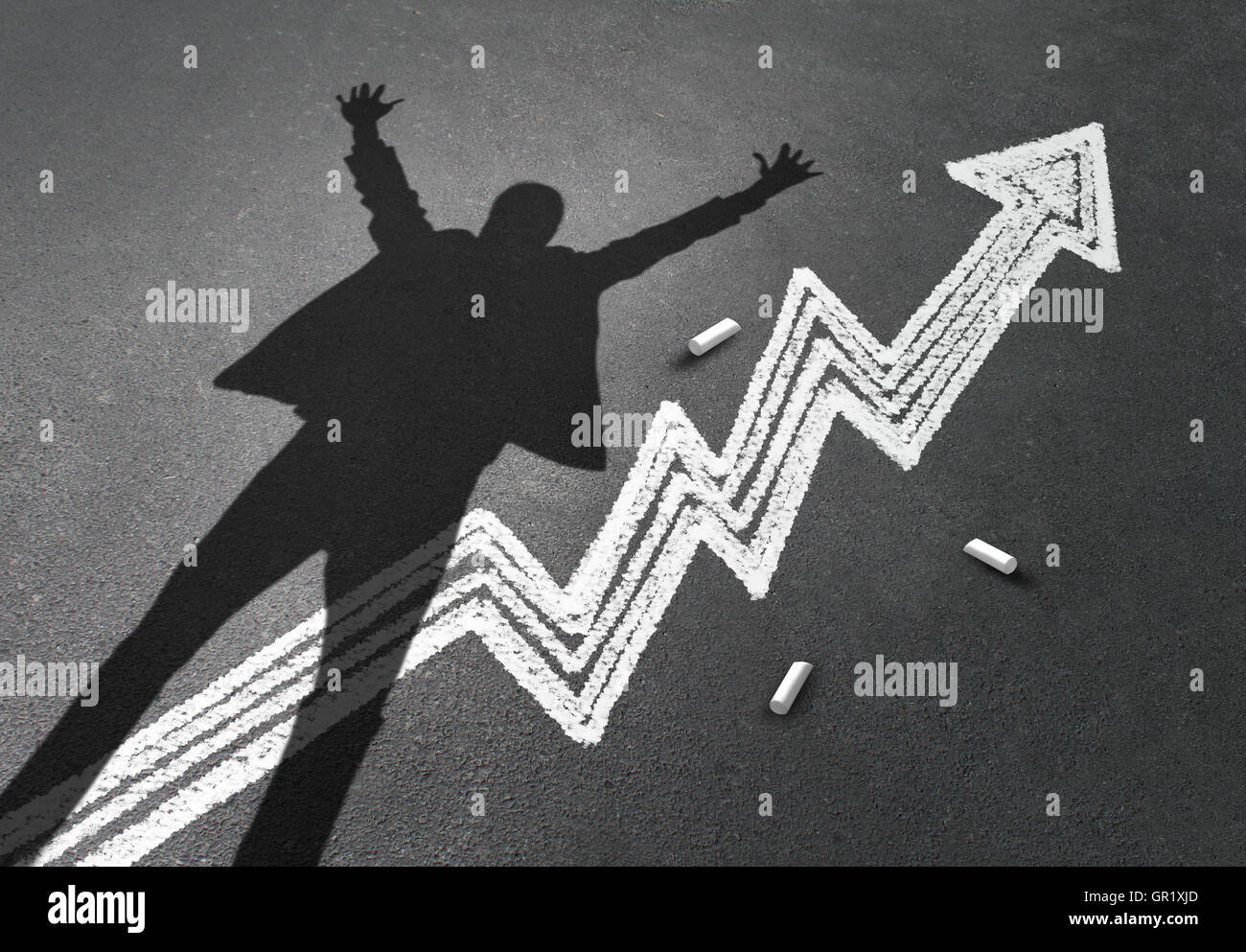Success in business concept as the cast shadow of a happy businessman with arms raised high celebrating over a wealth and profits chalk drawing of a financial chart in a 3D illustration style. Stock Photo