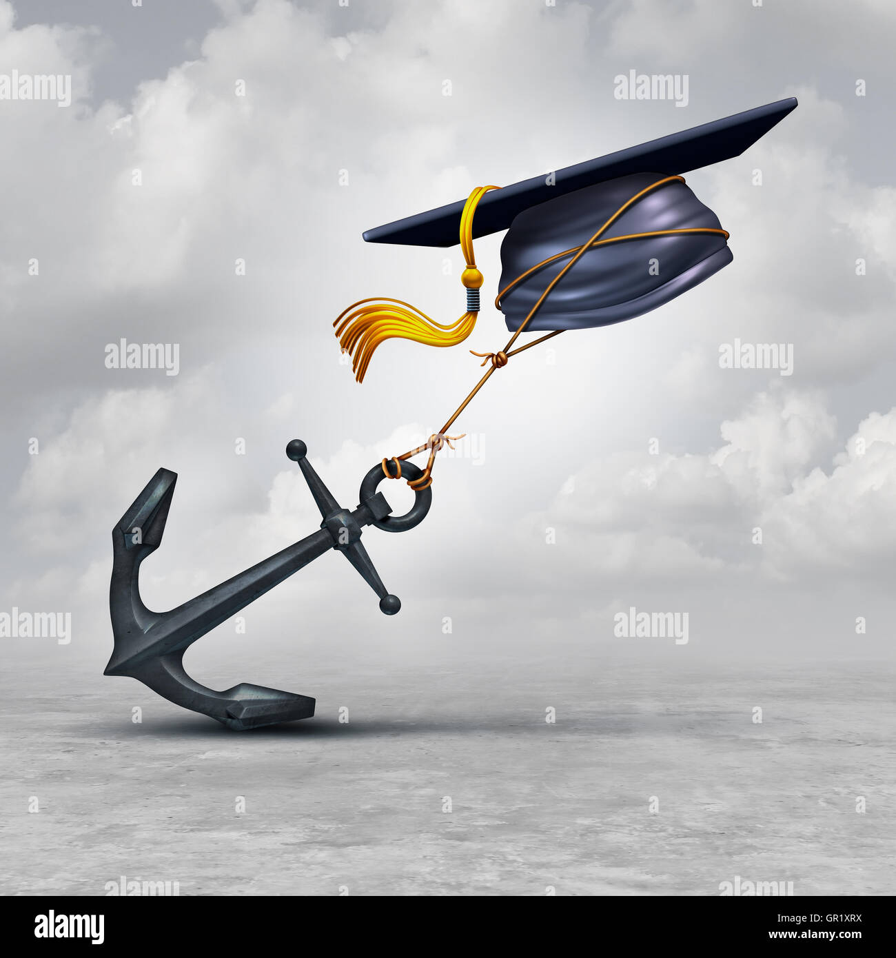 Education problem and learning challenge concept as a mortar cap or graduation hat being held back by a heavy anchor as a educational impairment or school loan burden symbol as a 3D illustration. Stock Photo