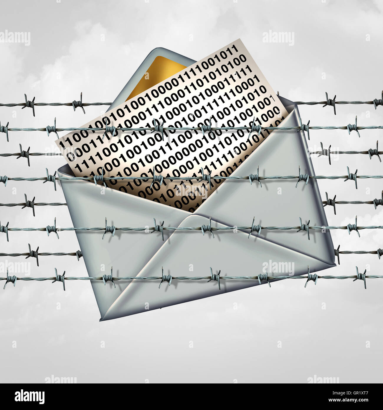 Email protection internet data security as a letter with binary code message trapped in a fence of barbed wire with 3D illustration elements. Stock Photo