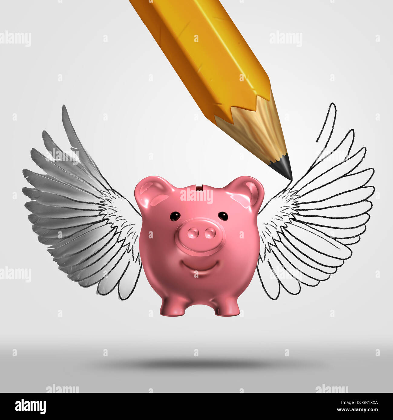 Banking planning and bank advice business concept or wealth plan assistance as a piggy bank with a pencil drawing wings as an investing success and financial metaphor with 3D illustration elements. Stock Photo