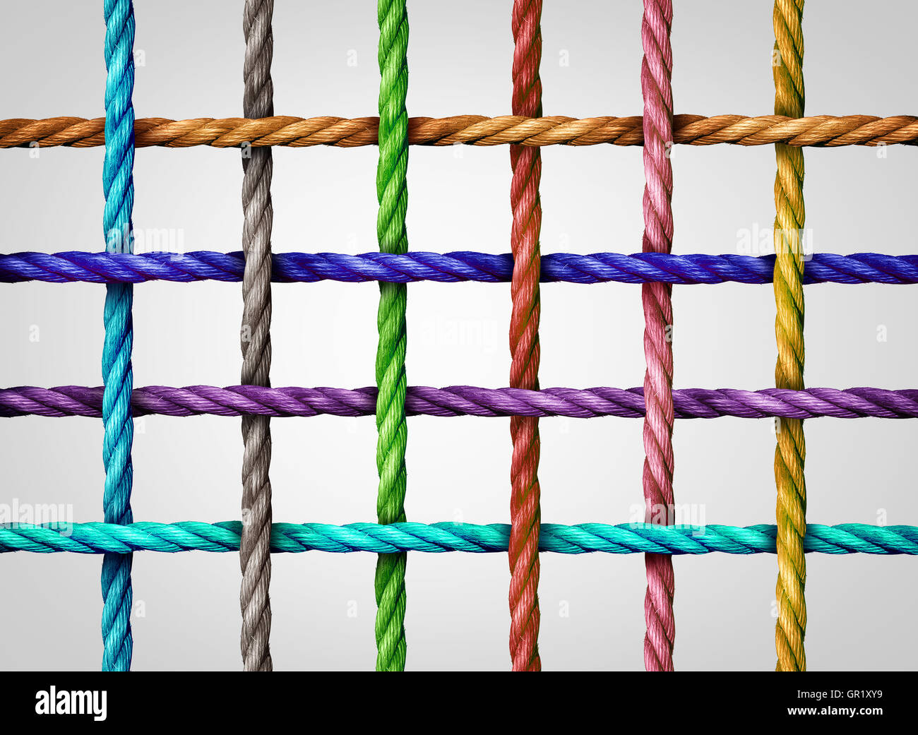 Connected grid network as a group of diverse ropes tied and linked in a ...
