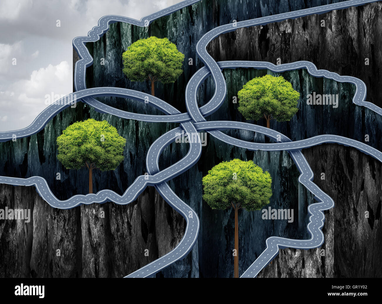 Connected business network success as roads shaped as a group of human heads as a networking concept with 3D illustration elements. Stock Photo