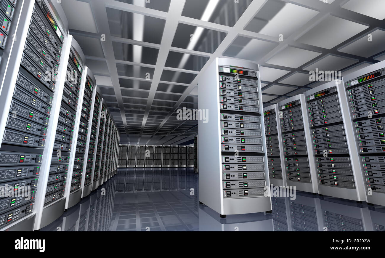 Modern interior of server room in datacenter 3D rendering Stock Photo