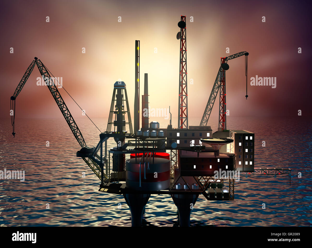 Drilling offshore Platform in night sea. 3D illustration Stock Photo