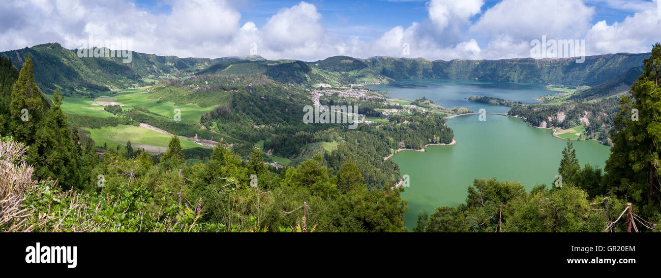 Sete Cidades Lakes Caldeiras and Valley. A wide detailed panorama of the town of Sete Cidades, Lagoa Azul, Verde Stock Photo