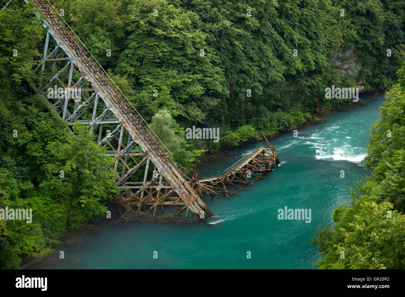 In the Jablanica area, a replica of a rail bridge destroyed at the time of the famous Neretva battle (Bosnia - Herzegovina). Stock Photo