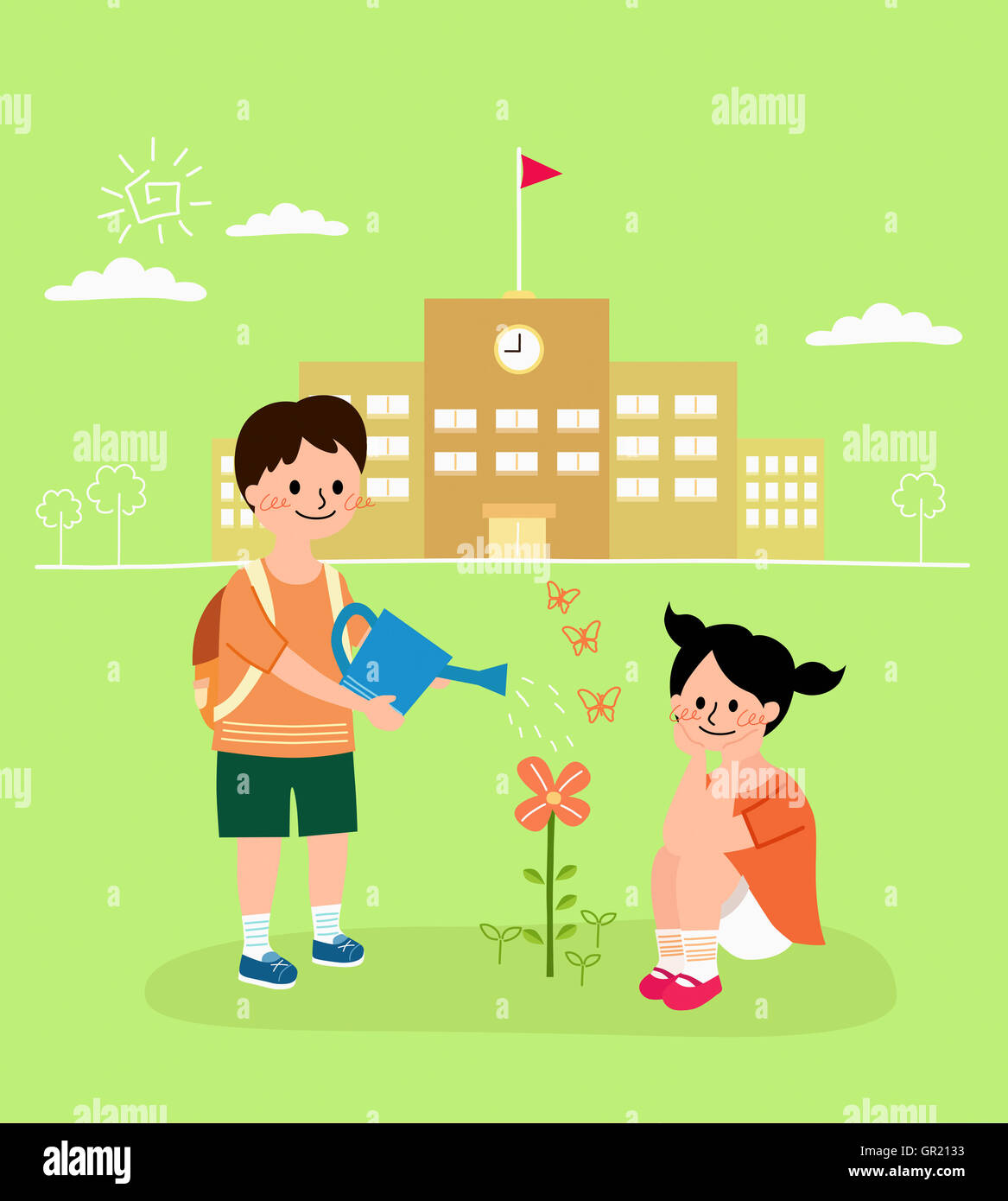 Smiling elementary school boy and girl watering flowers Stock Photo - Alamy