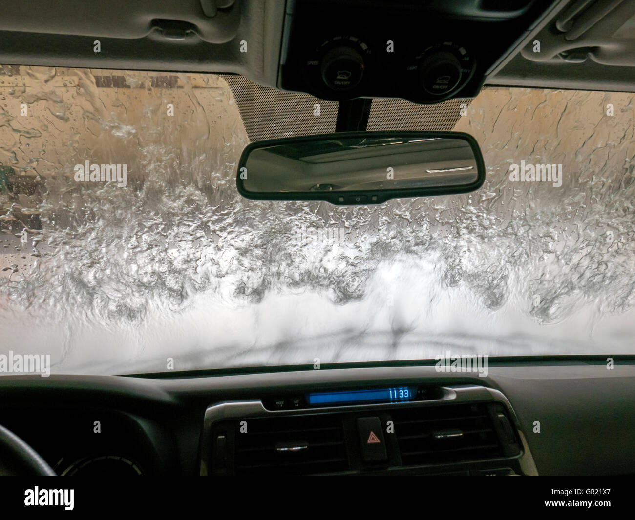 View through car windshield of automated car wash Stock Photo
