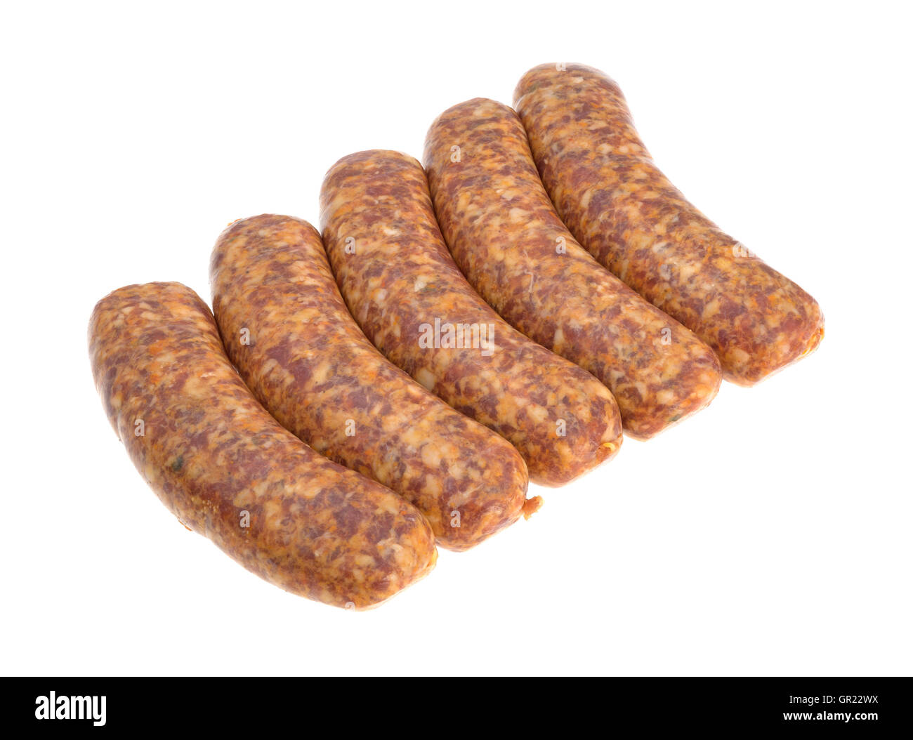 Several spicy bratwurst links on a white background. Stock Photo