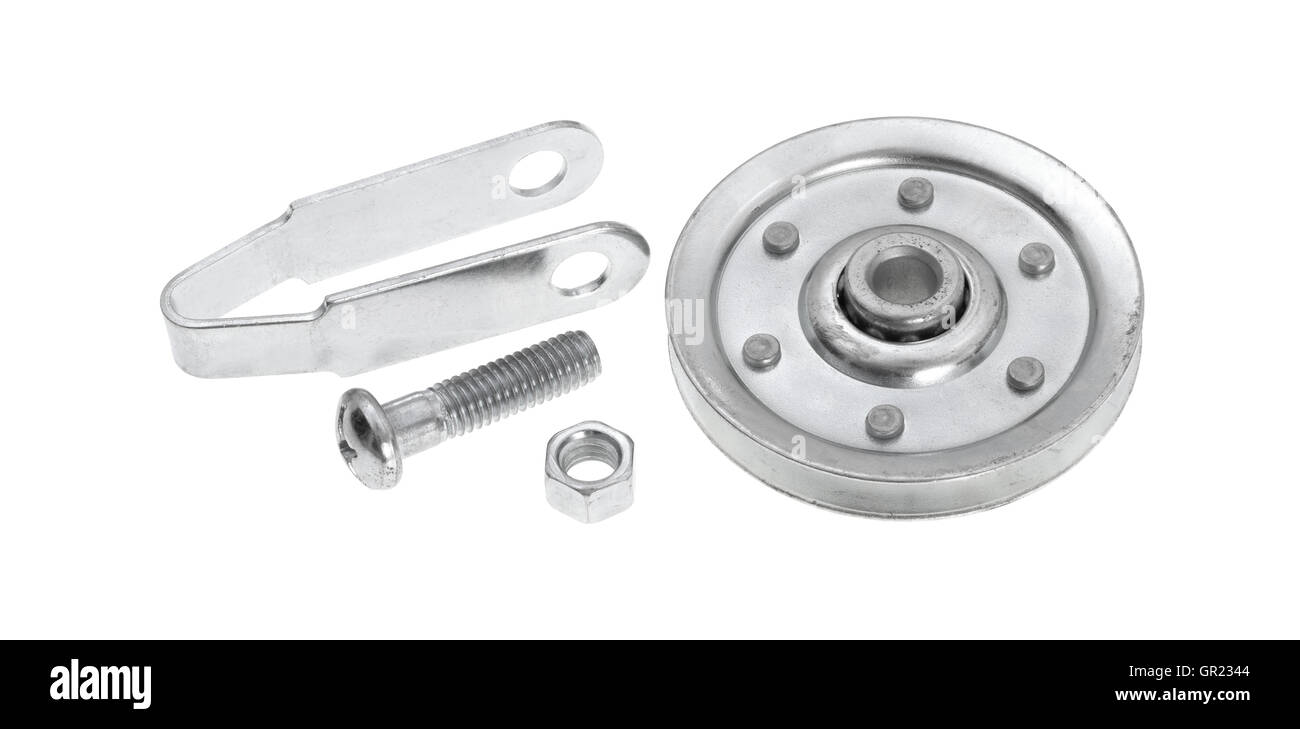 A new garage door pulley kit with bracket bolt and nut on a white