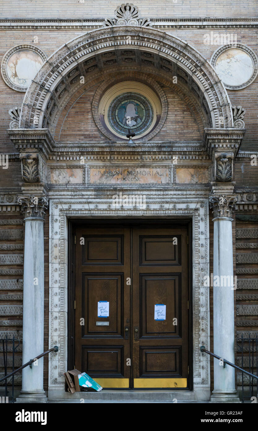 Door and architectural detail of landmarked Judson Memorial Church in Washington Square, New York. Stock Photo