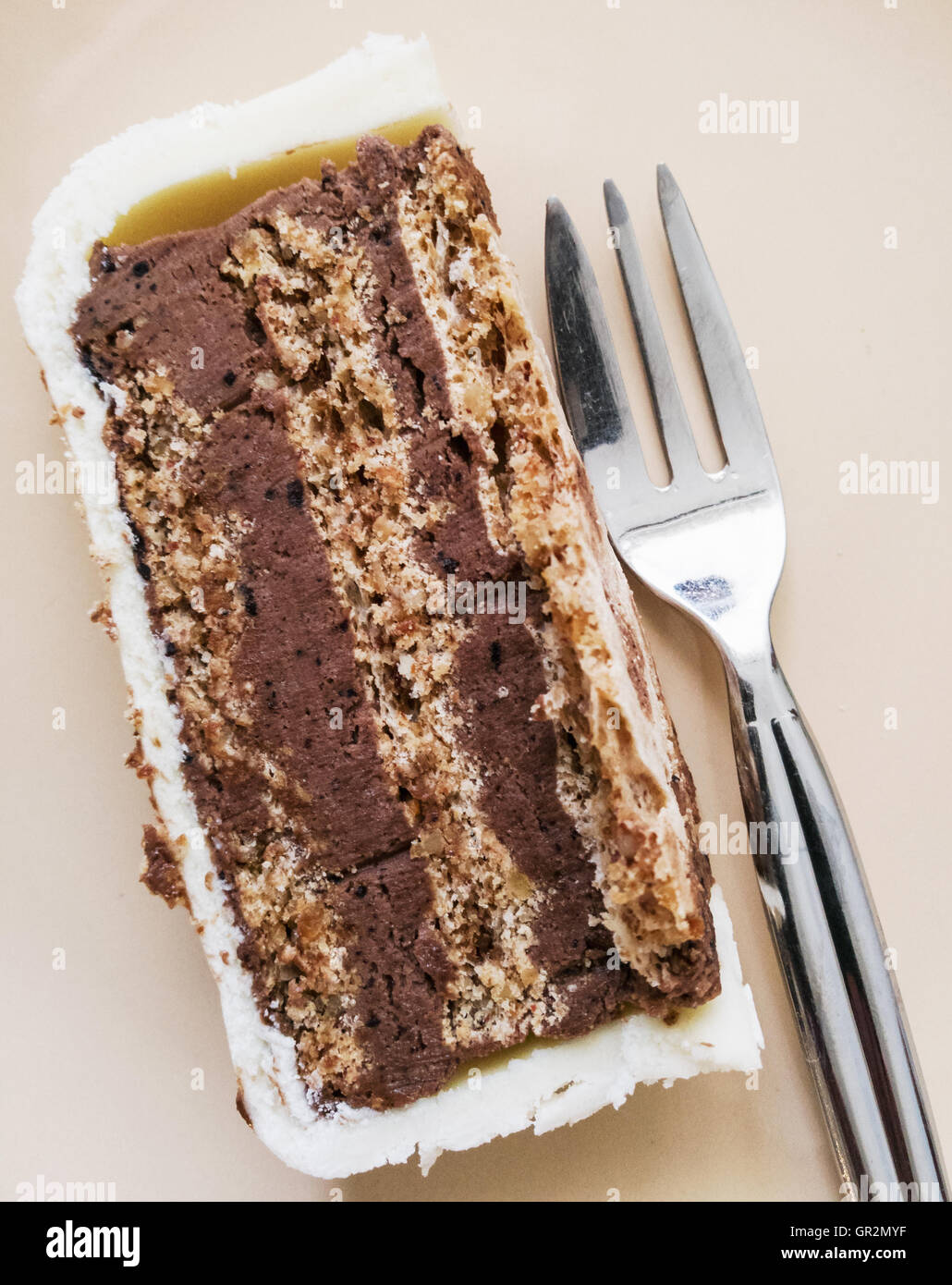 Piece of delicious chocolate cake with fork on the plate. Sweet food ...