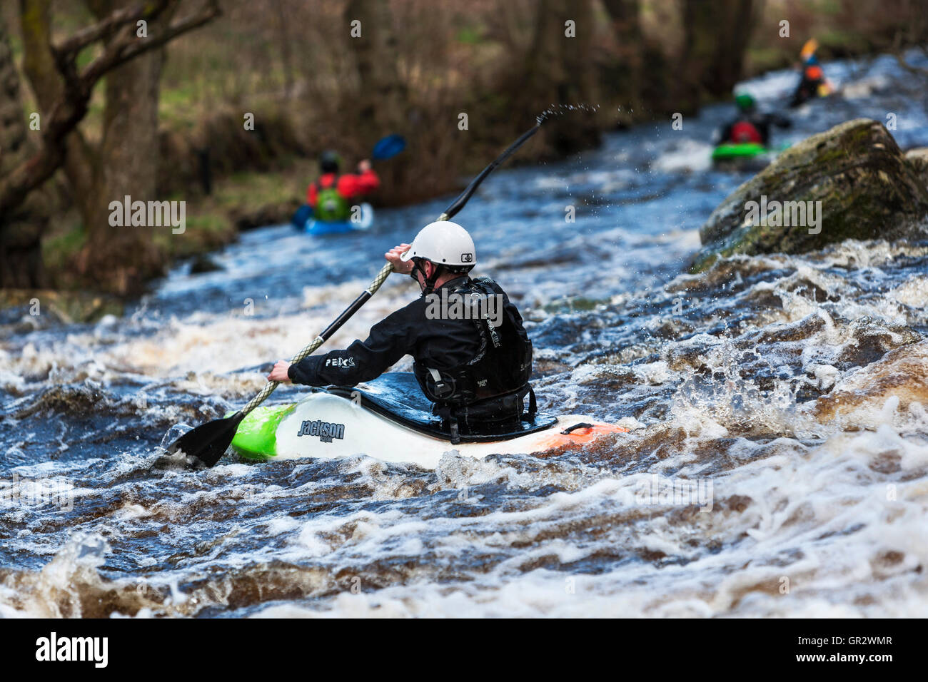 Wild Water Canoeing on the River Washburn, Blubberhouses, North Yorkshire, England, UK Stock